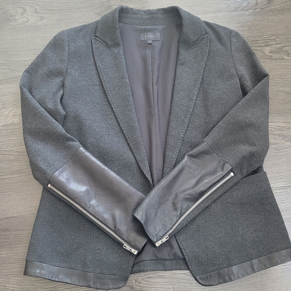 Theory Charcoal Open Front Blazer Leather Trim Sz 4 Grey Siren Preppy Goth